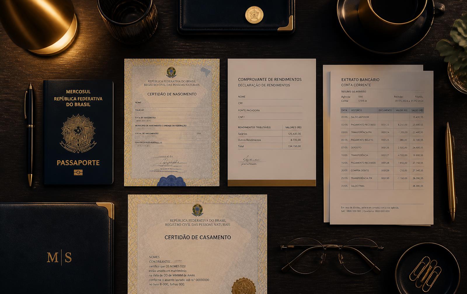 Documentos organizados para visto americano